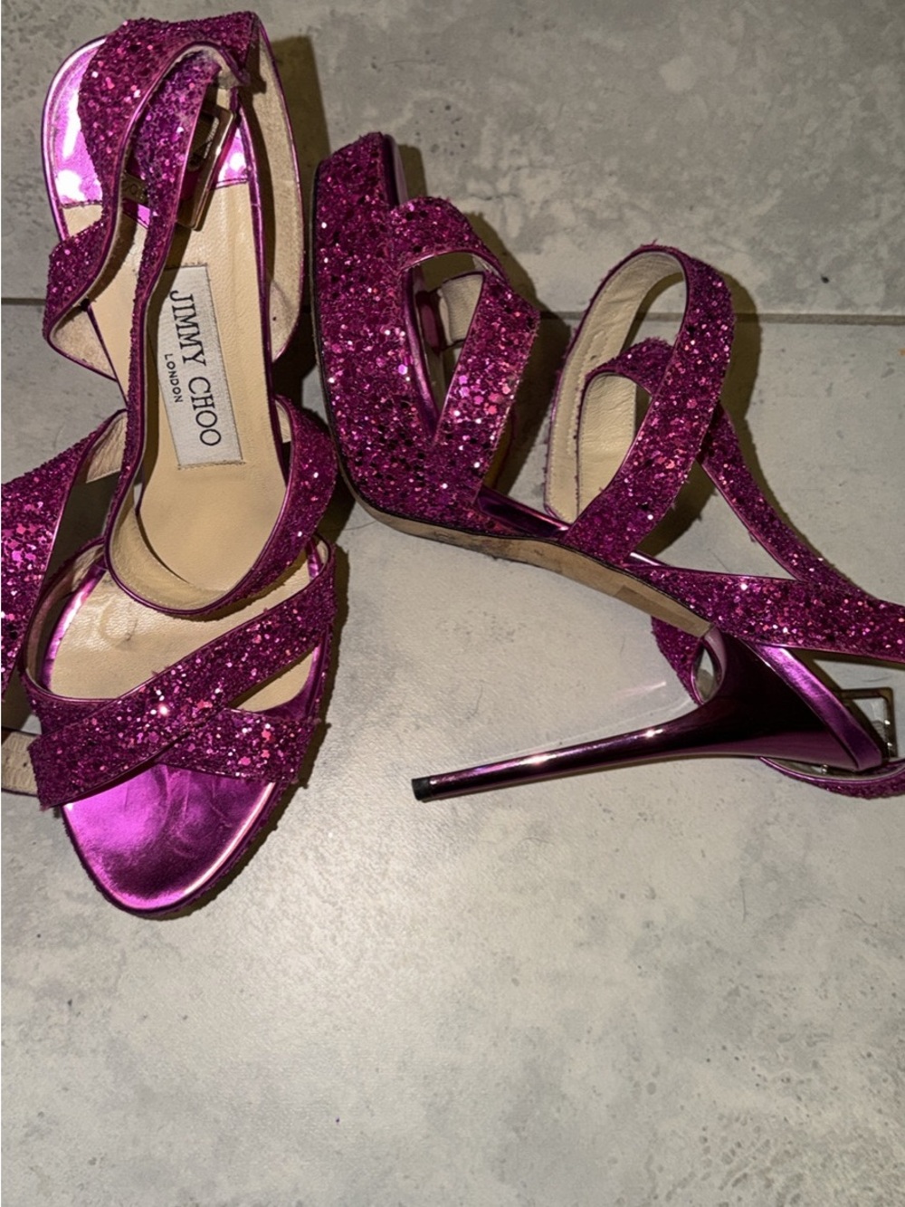 Jimmy Choo Fuchsia Glitter Strappy Stiletto Sandals